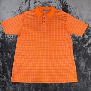 R&R‎ Casuals Mens Large Orange Grid Mercerized Cotton Short Sleeve Polo Shirt